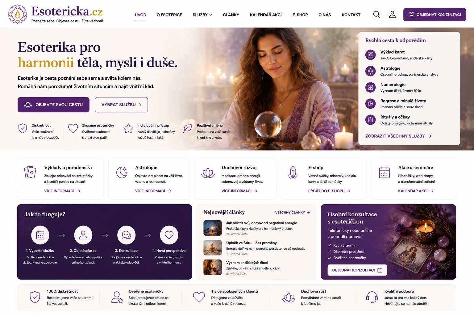 Návrh fialovo-zlatého webu Esotericka.cz s konzultacemi, výklady, astrologií, články, akcemi a e-shopem